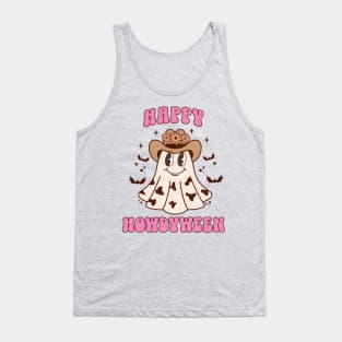 Western Halloween Ghost Happy Howdyween Pink Retro Cow Tank Top